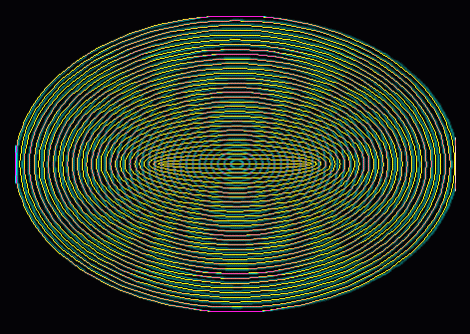 A Moire pattern generated by the intercommunication of two ellipse patterns.